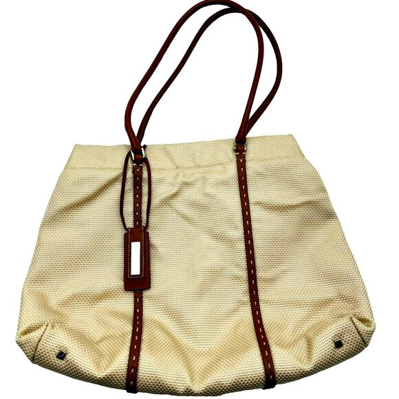 ANTONIO MELANI Tan‎ Brown Canvas Purse Handbag Shoulder Tote Faux Leather Trim - Picture 1 of 10